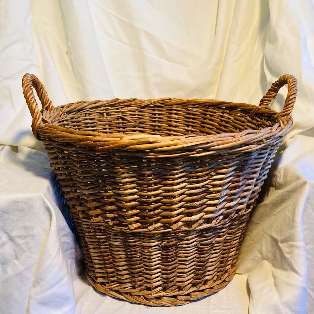 Vintage woven round willow basket, dual handles herringbone pattern